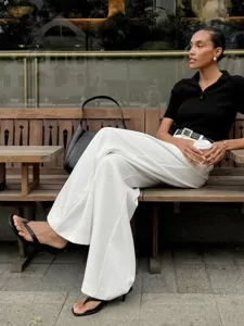 Weiße weite Freizeithose mit hohem Bund, lässige lange Hose stilvoll locker Streetwear