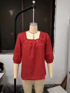 Women solid color casual square neck lace patchwork 3/4 sleeve cotton linen blouse summer