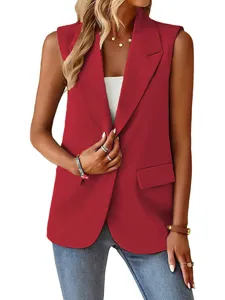 Rote Revers ärmellose Blazer Weste Damen elegante Pendler offene Front Tunika Oberteil