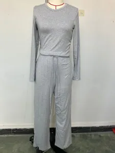 Grey long sleeve top and wide leg pants set detail view, comfortable casual lounge wear.
