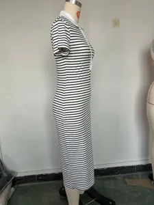 Schwarzes weißes gestreiftes Kurzarm Polo Kragen Midi Kleid elegante Freizeitkleidung