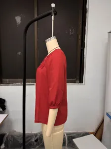 Red cotton linen casual square neck lace patchwork 3/4 sleeve top for women daily wear