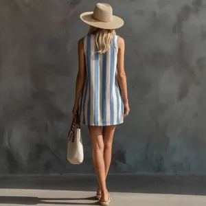 Vista dettagliata di un elegante abito corto smanicato a righe blu e bianche alla moda.