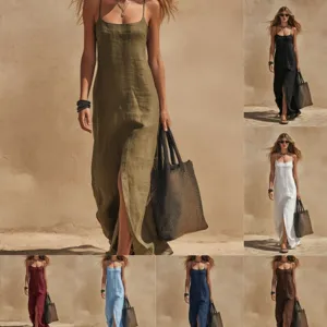 Damen Sommer Casual Einfarbig Ärmellos U-Ausschnitt Hoher Schlitz Maxi Slip Kleid Elegantes Schmalgeschnittenes Langes Strandkleid