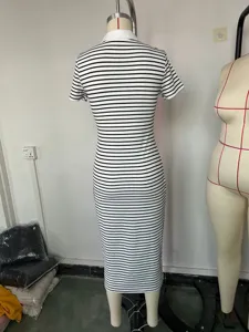 Schwarz weiß gestreiftes Polo Kleid Kurzarm figurbetontes Midikleid für Damen Freizeit