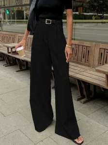 Klassische schwarze, hochgeschnittene Weitbein-Anzughose, stilvolle lässige Freizeithose.