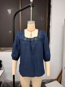 Summer casual solid square neck lace patchwork three quarter sleeve linen blouse for women