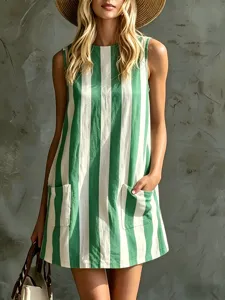 Abito mini senza maniche a righe verde e bianco con tasche look casual estivo dettaglio