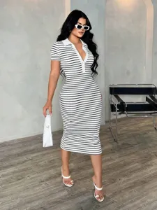 Damen schwarz weiße gestreifte Polo Midi Kleid kurzarm Freizeit figurbetontes Kleid.