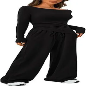 Women casual two piece set asymmetrical long sleeve top and wide leg pants autumn outfit