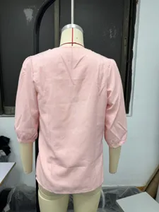 Back view detail of solid color casual square collar 3/4 sleeve cotton linen blouse.