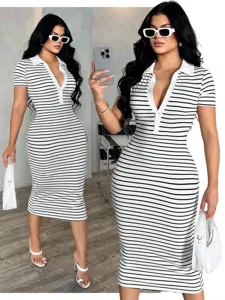 Damen Sommer lässiges schwarz-weiß gestreiftes Polo Midikleid Kurzarm elegante Kleidung.