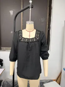 Women Casual Black Square Neck Lace Patchwork 3/4 Sleeve Linen Cotton Blouse Summer