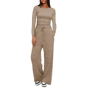 Casual solid color long sleeve top and high waist wide leg pants two piece lounge set main view