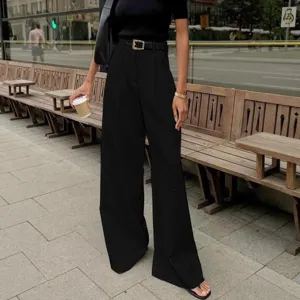 Damen Schwarze Hohe Taille Weite Beine Anzughose Casual Lose Streetwear Lange Hosen Outfit