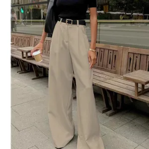 Damen hohe Taille lose Freizeit weite Beine Hose Pendler chic beige Bodenlänge Hose