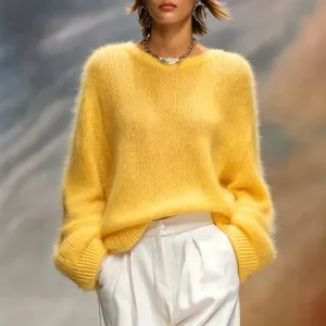 Women autumn winter solid color crewneck loose fuzzy sweater casual long sleeve top fashion