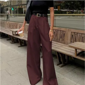 Damen hohe Taille lose weite Beinhosen, elegante burgunderrote Hose für den Alltag.
