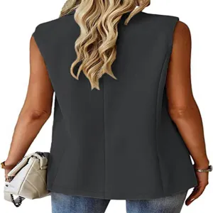 Graue ärmellose Blazer Weste Rückansicht Detail, elegante lässige Damen Bürokleidung.