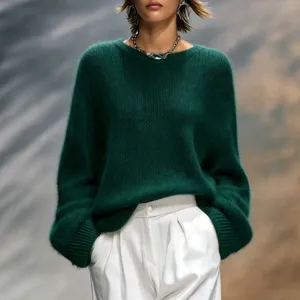 Women's solid color crewneck long sleeve loose knit sweater autumn winter casual top fashion