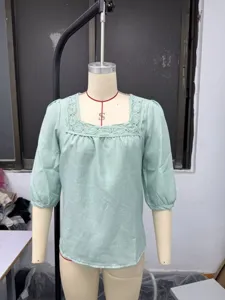 Women solid color square neck lace patchwork half sleeve linen cotton top summer