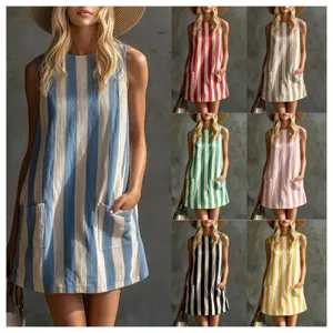 Abito Mini Casual Vintage a Righe Senza Maniche Girocollo da Donna in Tessuto di Poliestere Abito Estivo Quotidiano da Spiaggia