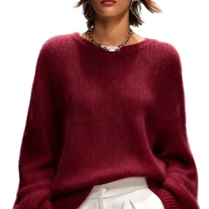 Women's Autumn Winter Solid Round Neck Loose Sweater Long Sleeve Casual Pullover Top