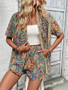 Damen Sommer Paisley Print Kurzarm Cardigan und High Waist Shorts Urlaubs Zweiteiler Set.