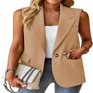 Damen stilvolle ärmellose Blazer Weste lässig Revers Cardigan Khaki Anzugweste Oberteil