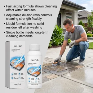 Detail view of exterior degreaser bottle and packaging with outdoor cleaning application.