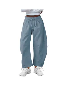 Damen bequeme lose Freizeithose mit Kordelzug und Taschen, stylische sportliche Jogginghose.