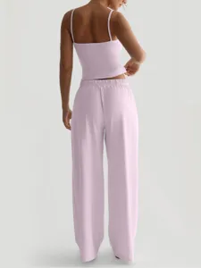 Women light pink camisole crop top and wide leg lounge pants pajama set comfy sleepwear