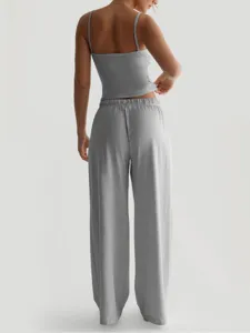 Grey ribbed camisole and wide leg lounge pants detail view, casual women sleepwear set.