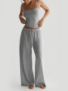 Grey camisole tank top and wide-leg lounge pants set for women, casual comfortable home wear.