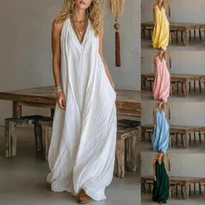 Vestido Largo Maxi Holgado Sin Mangas con Cuello en V Profundo y Color Sólido de Mezcla de Algodón Casual para Mujer Con Bolsillos