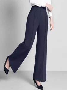 Damen High Waist lässige weite Hose in uni Dunkelblau, elegantes Drapierungsdesign.