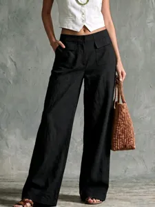 Einfarbige lockere lässige Leinenhose mit weitem Bein für Damen, ideal für Frühling.