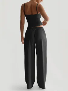 Black ribbed crop top and wide leg lounge pants set, comfortable casual wear for women.
