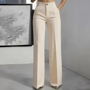 Damen hohe Taille weite Beine Anzughose elegante beigefarbene casual gerade Hosen Alltag