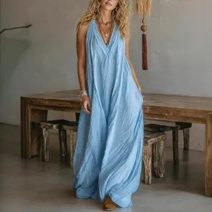 Vestido largo maxi sin mangas casual para mujer en azul claro, vestido de verano con bolsillos.