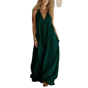 Mujer Casual Sin Mangas Suelto Bolsillos Largo Vestido Color Sólido Maxi Verano