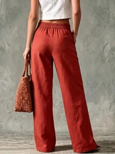 Lässige Leinen-Hose mit weitem Bein für Damen, einfarbige, lockere Sommerhose mit hohem Bund.