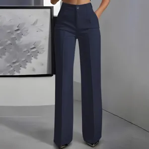 Damen High-Waist dunkelblaue weite Anzughose, elegante drapierte Business Büro lange Hose.