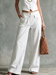 Damen lässige lose weite Leinenhose einfarbig Sommer High Waist lange Hosen neu