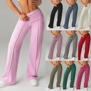 Pantalone Lungo Casual da Donna Vita Alta Incrociato Gamba Larga Drappeggiato Elastico Tinta Unita