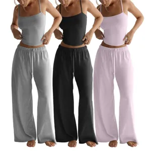 Women lounge set spaghetti strap crop top and wide leg pants casual two piece outfit grey black pink