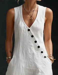 Elegant women summer casual white sleeveless V-neck diagonal button long dress with pockets
