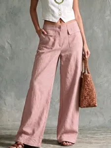 Damen rosa Leinen weite Hose lässig hohe Taille Freizeithose mit Taschen für den Sommer.