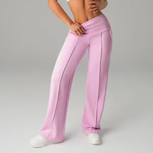 Pantaloni casual a gamba larga con vita incrociata da donna, cucitura frontale elasticizzati rosa.