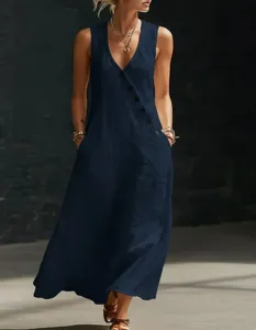 Close up of dark blue V-neck sleeveless maxi dress detail, button accent and side pockets.
